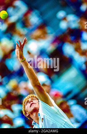 Boris Becker (GER) competing at the 1985 US Open Tennis. Stock Photo