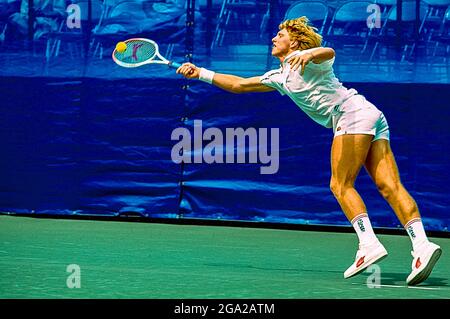 Boris Becker (GER) competing at the 1985 US Open Tennis. Stock Photo