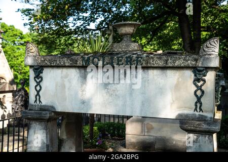 Moliere's grave at the Pere Lachaise Cemetery which is the largest cemetery in Paris, France. Stock Photo