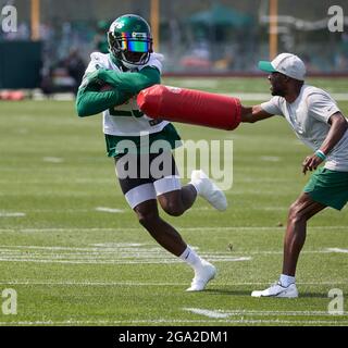 Florham Park, New Jersey, USA. 28th July, 2021. New York Jets running back Tevin Coleman (23) takes part in a drill during morning training camp session at the Atlantic Health Jets Training Center, Florham Park, New Jersey. Duncan Williams/CSM/Alamy Live News Stock Photo