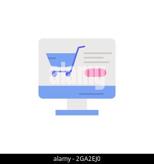 E-commerce monitor, grocery cart, button color vector icon. Stock Vector