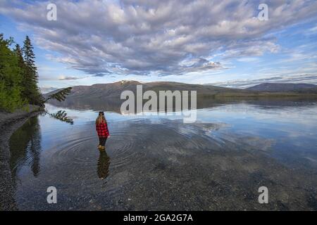 View taken from behind of a woman standing in Little Salmon Lake close to shore, enjoying the view during the late afternoon in the traditional ter... Stock Photo