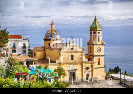 The baroque Church of San Gennaro in Praiano on the cliff of the Amalfi Coast overlooking the Tyrrhenian Sea; Provence of Salerno, Campania, Italy Stock Photo