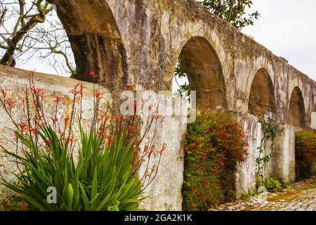 Old, arched stone walls with flowering plants along a cobblestone road in the medieval town of Obidos; Obidos, Estremadura, Oeste Region, Portugal Stock Photo