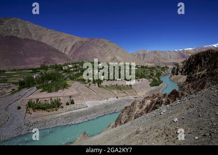 Looking down to the Alchi Monastery above the Indus Valley, through the Himalayan Mountains of Ladakh, Jammu and Kashmir; Alchi, Ladakh, India Stock Photo