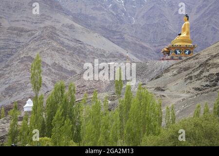 Giant gold plated statue of a seated Buddha (created in 2012) in Stok Valley on a mountaintop watching over the Stok Monastery and village in the H... Stock Photo
