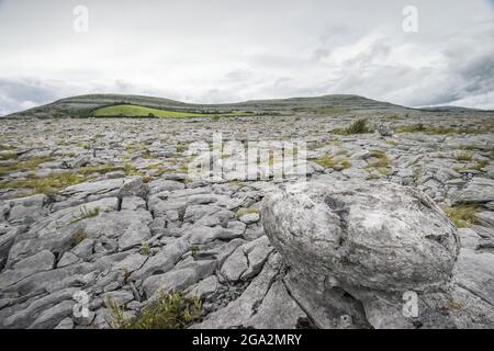 The barren, lunar landscape of limestone found in the Burren National Park; Mullaghmore, County Clare, Ireland Stock Photo