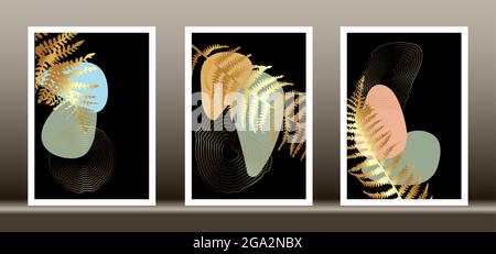 Botanical wall art vector set. Gold Tropical fern foliage line art drawing with abstract shape, Abstract Plant Art design for wall framed prints Stock Vector