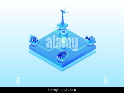 oncept of renewable energy battery storage for electricity. 3d isometric vector illustration of electric power infrastructure based on sustainable ene Stock Vector