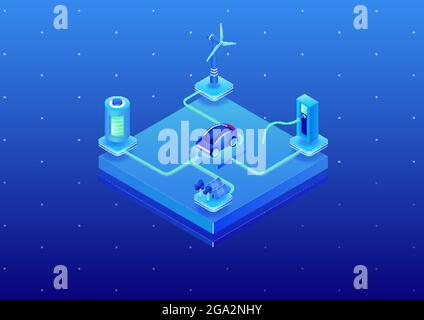 Electric car concept as 3d isometric vector illustration. Electric car powered by sustainable energy sources such as wind and solar. Energy storage an Stock Vector