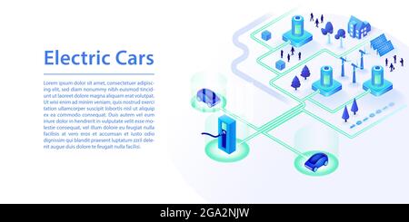 Electric car concept as wide web banner. 3d isometric vector infographic of electric car infrastructure including charging station, solar energy and w Stock Vector