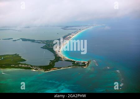 Cancun beach and Hotel zone aerial view, viewed from an airplane, Cancun, Quintana Roo QR, Mexico. Stock Photo