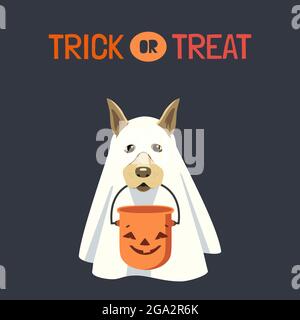 Dog in ghost costume with Halloween bucket Stock Vector