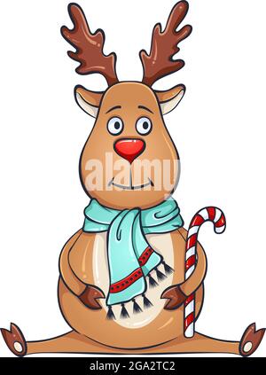 Sitting cute deer with candy staff in a turquoise scarf Stock Vector
