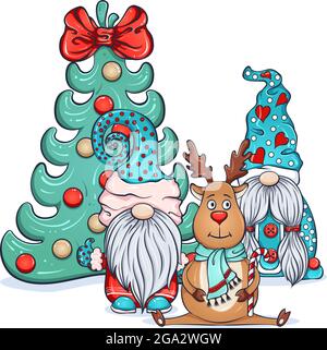 Two scandinavian gnomes and sitting deer near the christmas tree Stock Vector