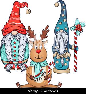 Two Christmas scandinavian gnomes and sitting deer Stock Vector