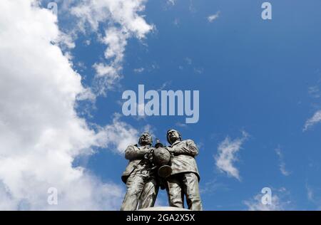 Derby, England, 28th July 2021.  The Brian Clough and Peter Taylor statue outside the ground before the Pre Season Friendly match at Pride Park Stadium, Derby. Picture credit should read: Darren Staples / Sportimage Stock Photo