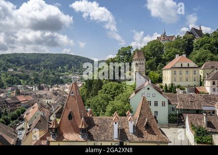 The Medieval Fortified City of Sighisoara on the Tarnava River in Mures County; Sighisoara, Transylvania, Romania Stock Photo