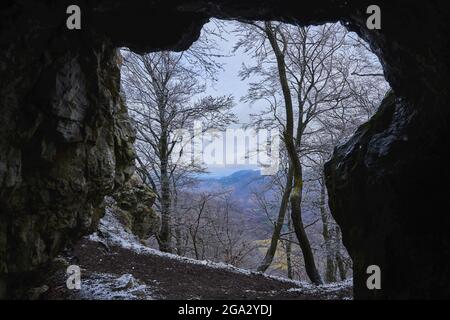 View out of a cave with snowy European beech (Fagus sylvatica) trees at Mount Vapec in the Strazov Mountains Stock Photo