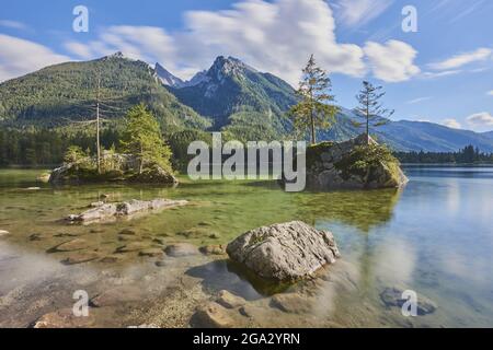 Norway spruce (Picea abies) trees on small, rock islands in the clear waters of Lake Hintersee, Bavarian Alps Stock Photo