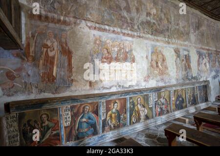 Saint Emeric Roman Catholic Church, with thirteenth century murals, Ghelinta, near Zabola Estate, Transylvania, Romania Stock Photo