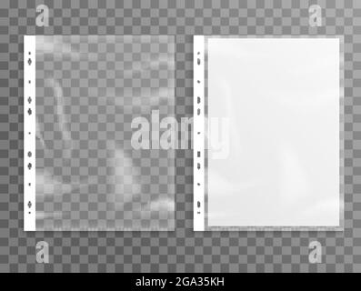 Sheet plastic protector, clear folder file. Punched pocket sheet mockup empty a4 Stock Vector