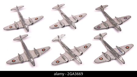 A set of six silver Gloster Meteor jet fighter diecast Dinky toys Stock Photo