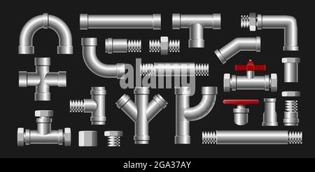 Metal pipe water connection isolated pipeline. Water tube factory steel construction plumbing Stock Vector