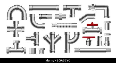 Metal pipe water connection isolated pipeline. Water tube factory steel construction plumbing Stock Vector
