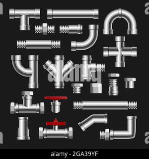 Metal pipe water connection isolated pipeline. Water tube factory steel construction plumbing Stock Vector