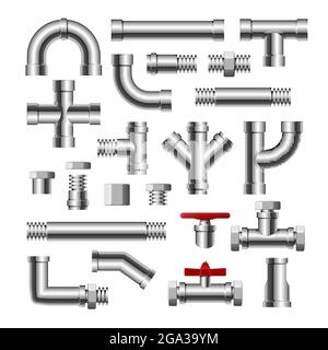 Metal pipe water connection isolated pipeline. Water tube factory steel construction plumbing Stock Vector