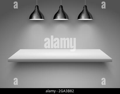 Spotlight shelf on wall background vector design. Light gallery spot empty room advertising shelf white lamp Stock Vector