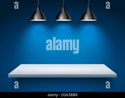 Spotlight shelf on wall background vector design. Light gallery spot empty room advertising shelf lamp Stock Vector