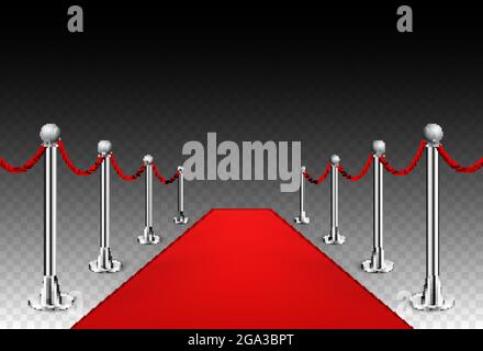 Red carpet event silver barriers background realistic vector illustration. Red carpet luxury entrance celebrity event presentation Stock Vector