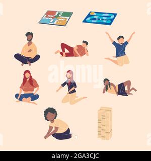 seven persons playing board games Stock Vector