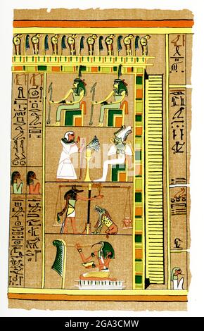 Weighing of the Heart from Papyrus of Ani. For the ancient Egyptians, the Book of the Dead tells of the path the dead must go to the underworld. This image is a part of the book that belonged to the scribe Ani. The Papyrus Ani, as the papyrus is called today, dates to about 1275-1250  B.C., the time of the 19th Dynasty  during the New Kingdom.  At top are two goddesses of law. The frame below shows the scribe Ani, who appears here, dressed in white, before the god Osiris, whose skin is green, the symbol of regeneration and rebirth. Osiris holds the royal scepter and flail. Below, the jackal-he Stock Photo