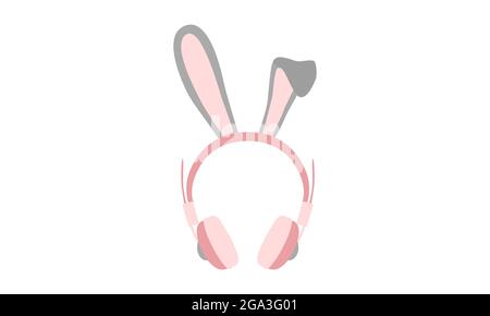 Vector of over-ear headphones or earmuffs in shades of pastel pink and gray with rabbit or bunny ears on top. This cute headset is isolated. Stock Vector