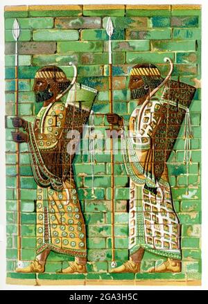 This 1903 illustration shows a frieze of archers at Susa. Shown here is part of the relief frieze in colored glazed tile from the Audience Hall (known as the apadana) of the royal palace at Susa (in present-day Iran). The figures represent members of the powerful royal bodyguard of a Persian king around 400 B.C. , the time of Darius I, who invaded Greece and started what is known today as the Persian Wars (the Greeks being the victors). Darius I built the palace. This relief is now housed in the Louvre in Paris, France. Stock Photo