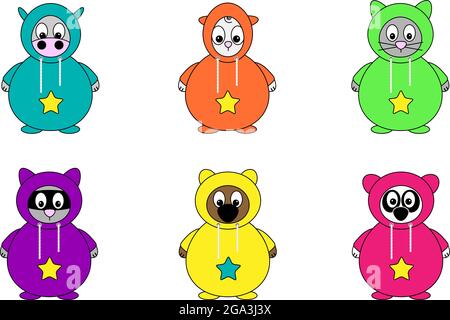 set of cute vector illustration animals in onesie snug suit with star in bright colors Stock Vector