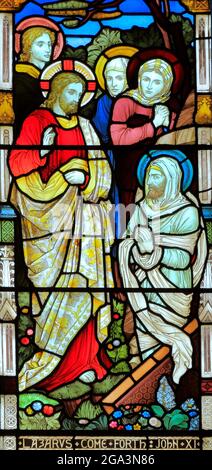 Miracles of Jesus, Raising of Lazarus, stained glass window, by Heaton Butler & Bayne, 1878, Swaffham, Norfolk, England, UK Stock Photo