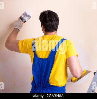 The young contractor employee applying plaster on wall Stock Photo