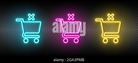 shopping, basket, remove neon vector icon. Illustration neon blue, yellow, red icon set. Stock Vector
