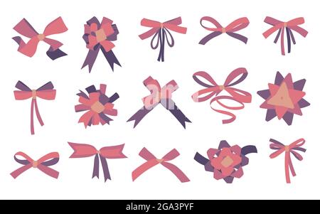 Collection of vector illustrations of various bows and ribbons, isolated flat colored colorful elements on a white background. Stock Vector