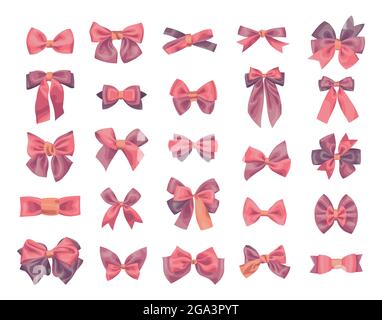 Collection of vector illustrations of various bows and ribbons, isolated colorful elements with simple shading and lighting on a white background. Stock Vector