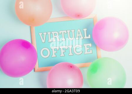 Conceptual display Virtual Office. Business overview operational domain of any business or organization virtually Colorful Party Invitation Designs Stock Photo