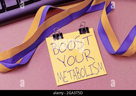 Text showing inspiration Boost Your Metabolism. Business idea body process uses to make and burn energy from food Multiple Assorted Collection Office Stock Photo