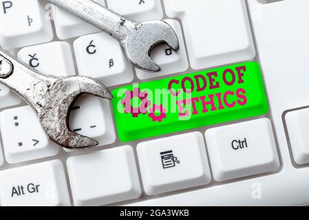 Conceptual display Code Of Ethics. Concept meaning basic guide for professional conduct and imposes duties Compiling And Typing Online Research Stock Photo