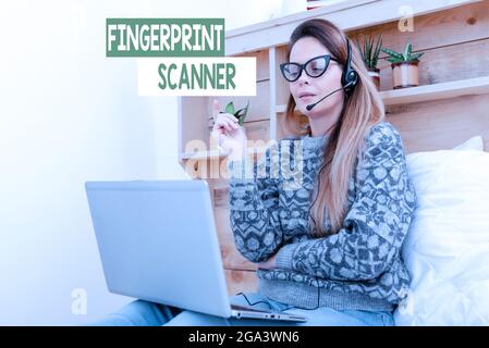 Hand writing sign Fingerprint Scanner. Business showcase Use fingerprint for biometric validation to grant access Student Learning New Things Online Stock Photo