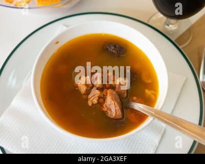 Stewed lentils with sausages, spanish Riojan lentils Stock Photo