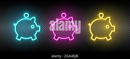 cash, money, piggy bank neon vector icon. Illustration neon blue, yellow, red icon set. Stock Vector